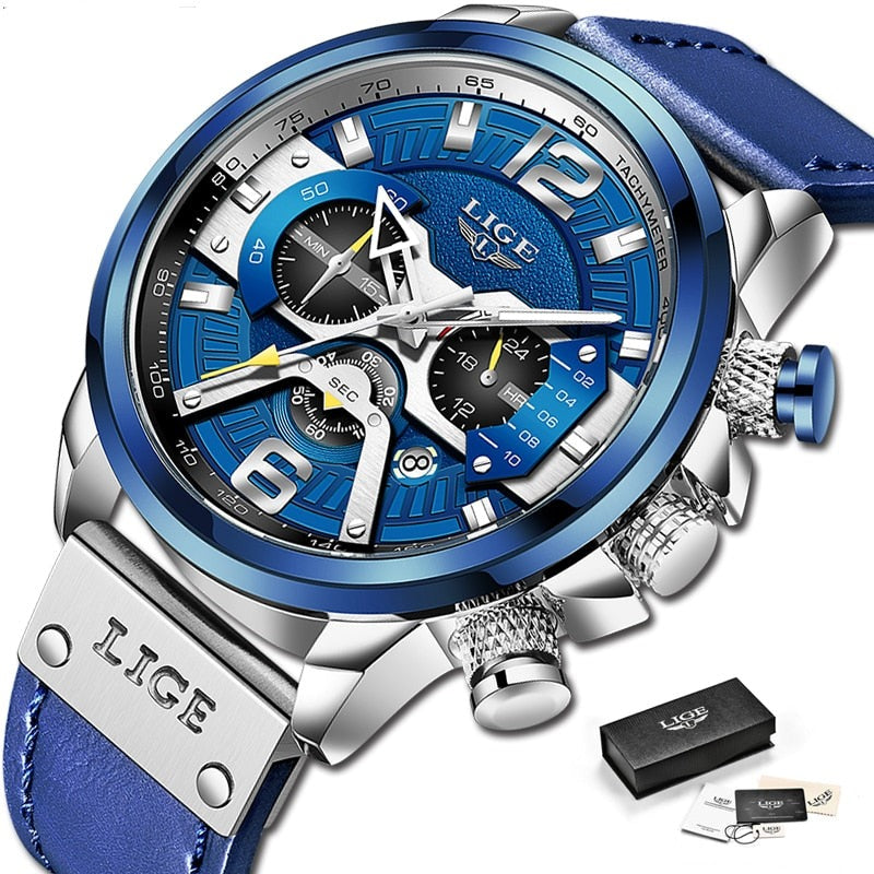Relógio quartz top marca LIGE masculino, azul com pulseira de couro, design moderno e cronômetro