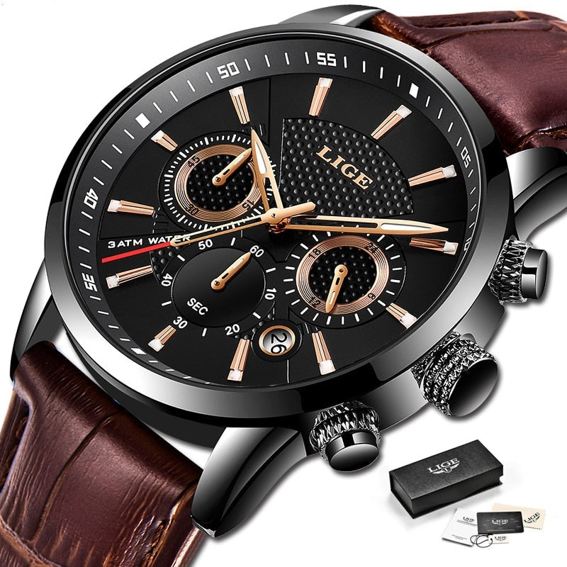 Relógio quartz top marca LIGE masculino com pulseira de couro e mostrador elegante. Resistente à água.
