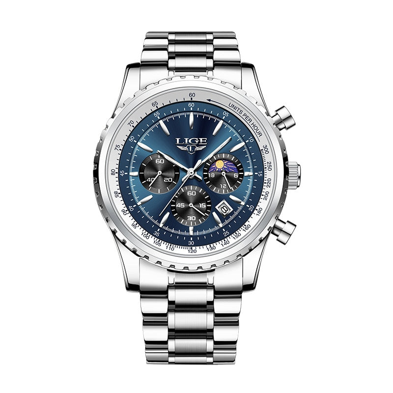 Relógio luminoso masculino LIGE com mostrador azul e pulseira de metal prateada