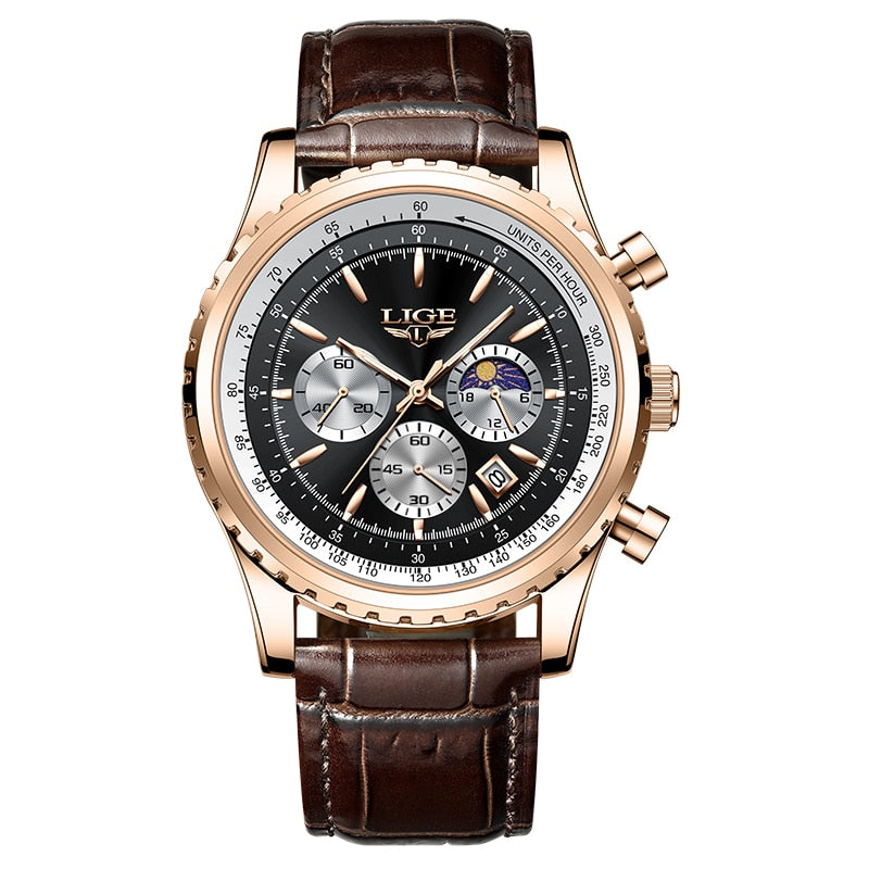 Relógio luminoso masculino LIGE com mostrador em preto e detalhes em ouro, estilo elegante e sofisticado