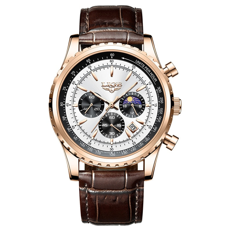 Relógio luminoso masculino LIGE com mostrador elegante e pulseira de couro marrom