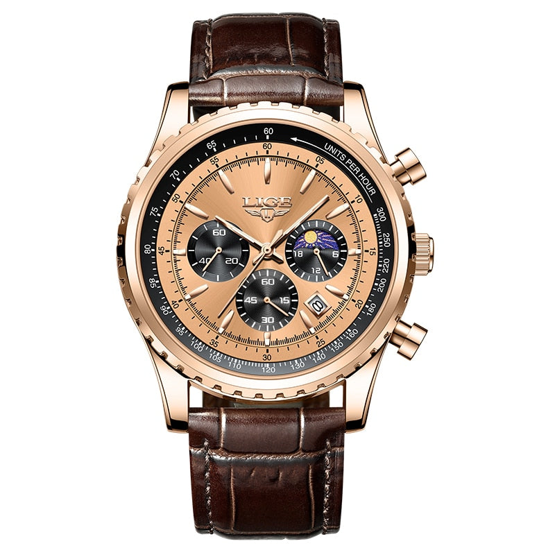 Relógio luminoso masculino LIGE com mostrador dourado e pulseira de couro marrom estilosa