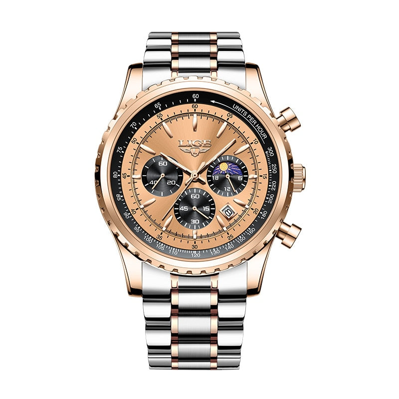 Relógio luminoso masculino LIGE com mostrador em preto e dourado, pulseira de metal elegante e estilo moderno