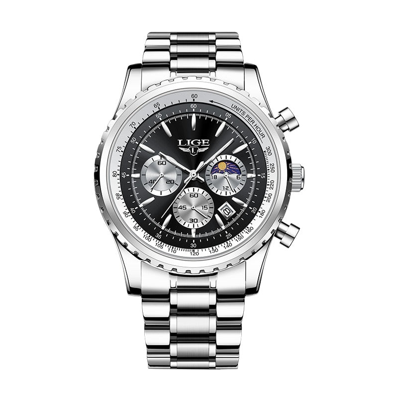 Relógio luminoso masculino LIGE com mostrador preto e pulseira de aço inoxidável brilhante
