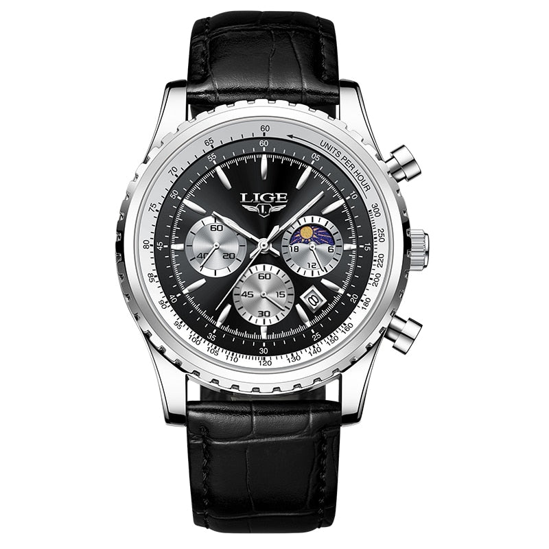 Relógio luminoso masculino LIGE com mostrador preto e pulseira de couro para uso diário e casual