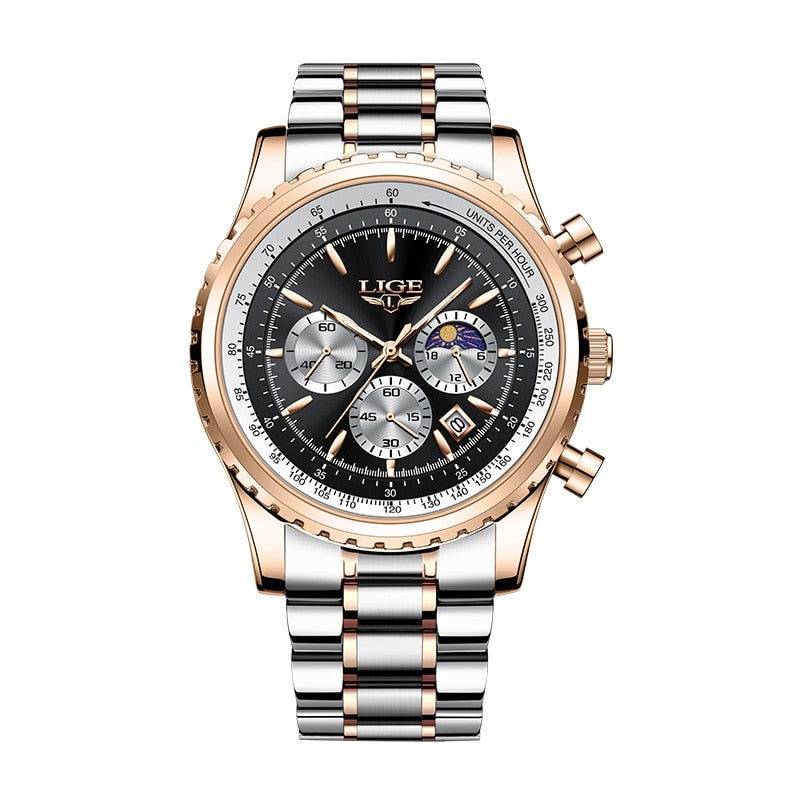 Relógio luminoso masculino LIGE com mostrador preto e pulseira prata em estilo elegante