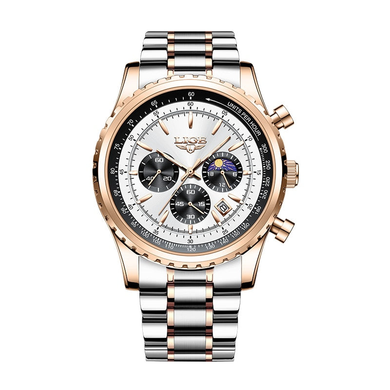 Relógio luminoso masculino LIGE com mostrador prateado e pulseira de aço inoxidável em duas cores