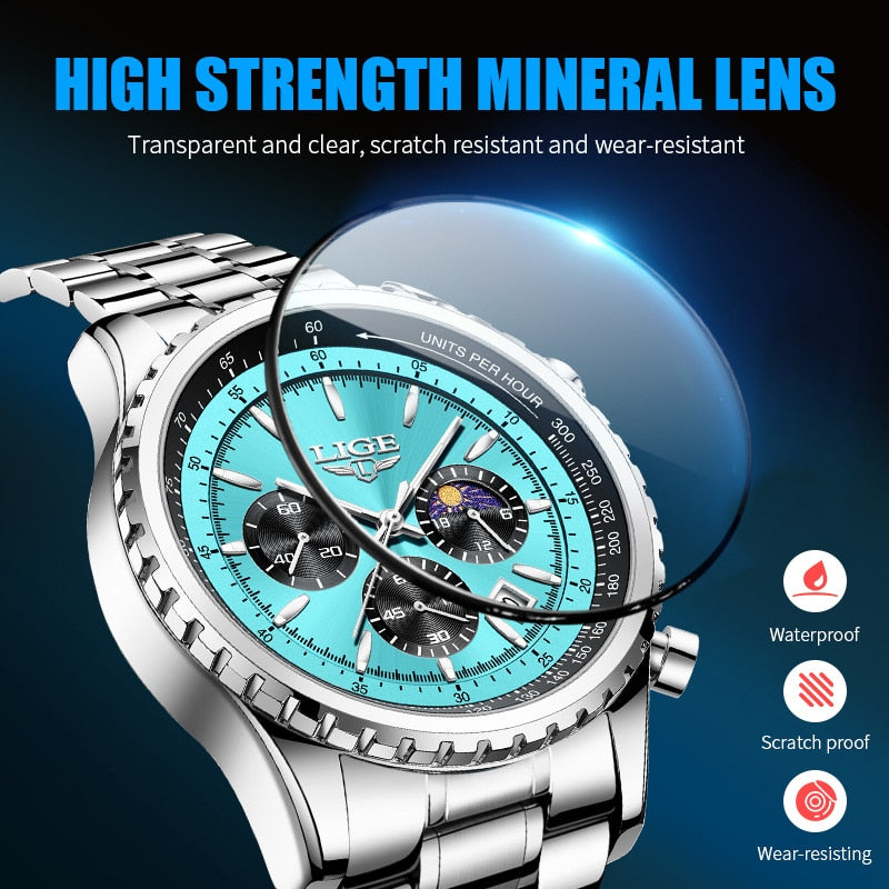 Relógio luminoso masculino LIGE com lente mineral resistente a riscos e proteção contra água