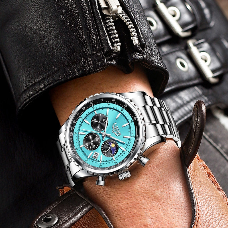 Relógio luminoso masculino LIGE com mostrador azul e pulseira em aço inoxidável