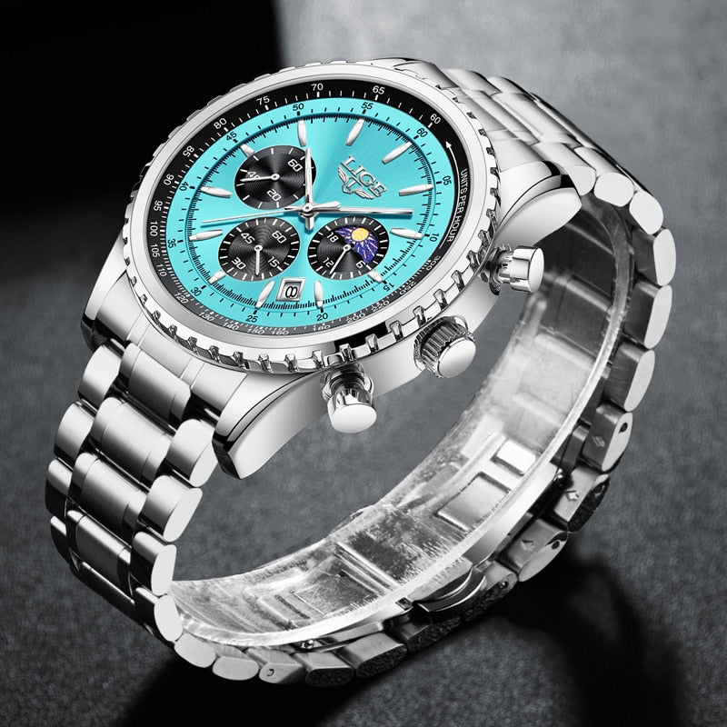 Relógio luminoso masculino LIGE com mostrador azul e pulseira de metal, ideal para estilo e funcionalidade