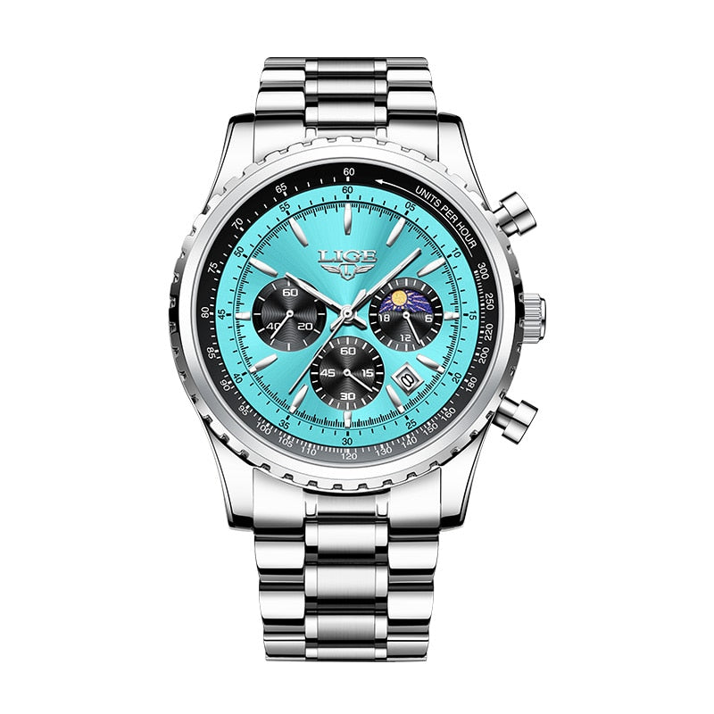 Relógio luminoso masculino LIGE com mostrador azul e pulseira de metal prateada para uso diário