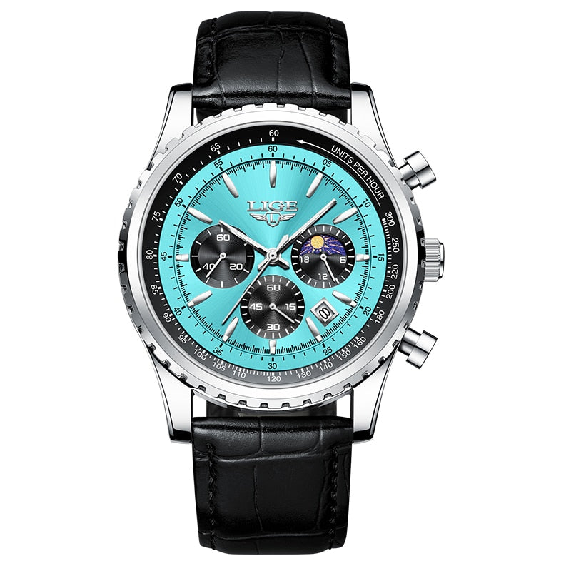 Relógio luminoso masculino LIGE com mostrador azul e pulseira de couro preta, ideal para uso diário