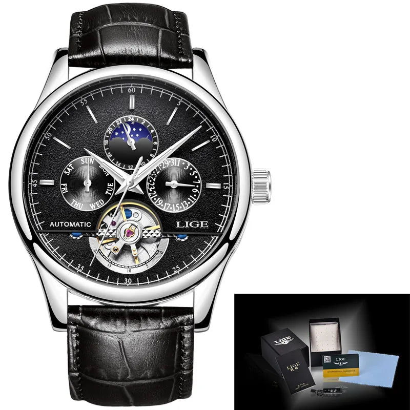 Relógio masculino moda sofisticada LIGE com mostrador preto e pulseira de couro