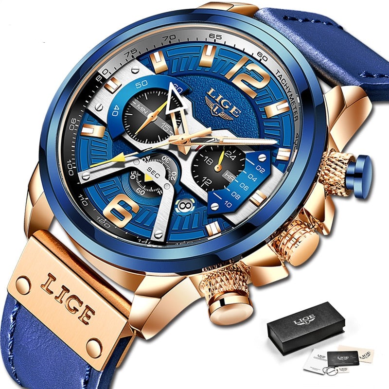 Relógio esportivo masculino LIGE com design azul e detalhes dourados, relógio quartz top marca