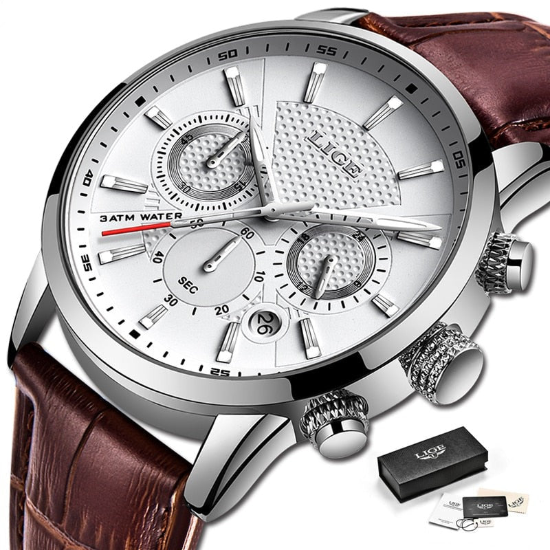 Relógio esportivo de pulso masculino LIGE, design elegante em prata e marrom, relógio quartz top marca