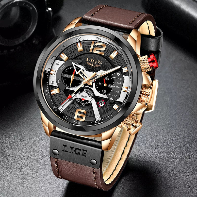 Relógio quartz top marca LIGE em preto e dourado com mostrador esportivo e pulseira de couro