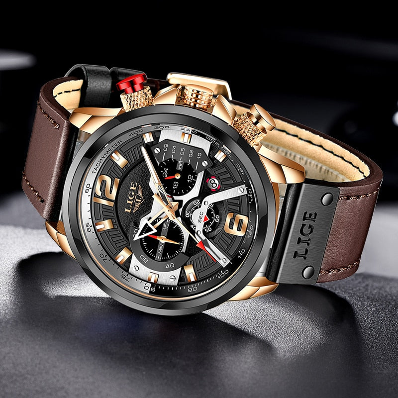 Relógio esportivo de pulso masculino LIGE com mostrador prata e pulseira de couro, relógio quartz top marca.