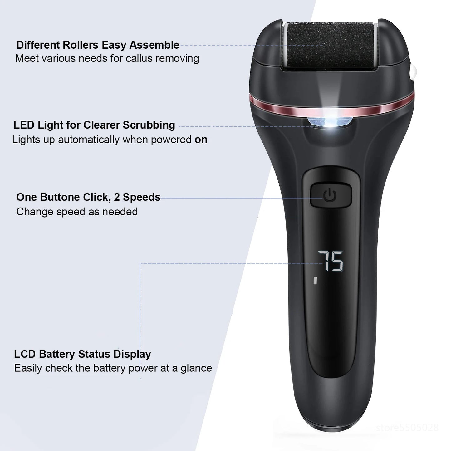Removedor elétrico de calo de pé HAOYUNMA com limpador de pele morta, luz LED e display de status da bateria