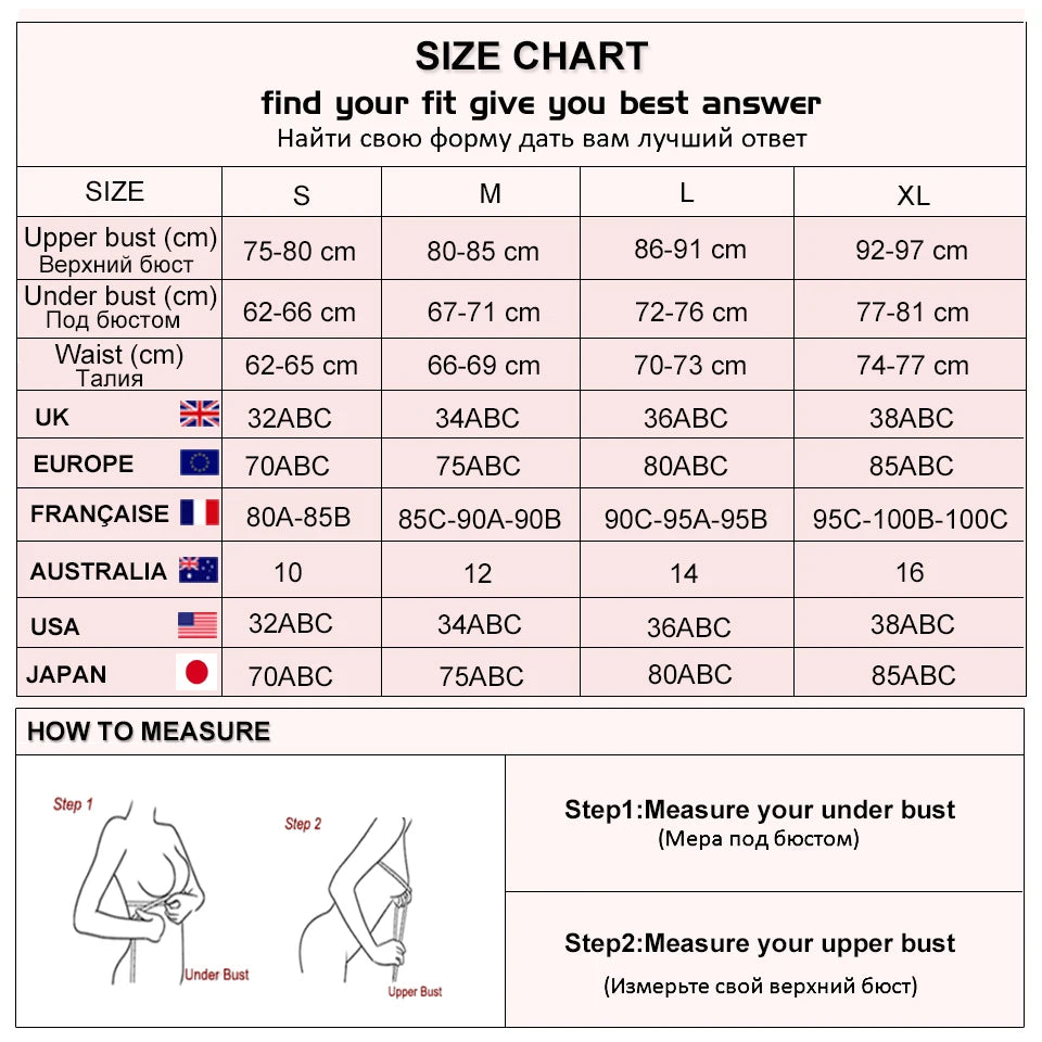 Tabela de tamanhos para lingerie feminina bordada com instruções de medição e informações de fit