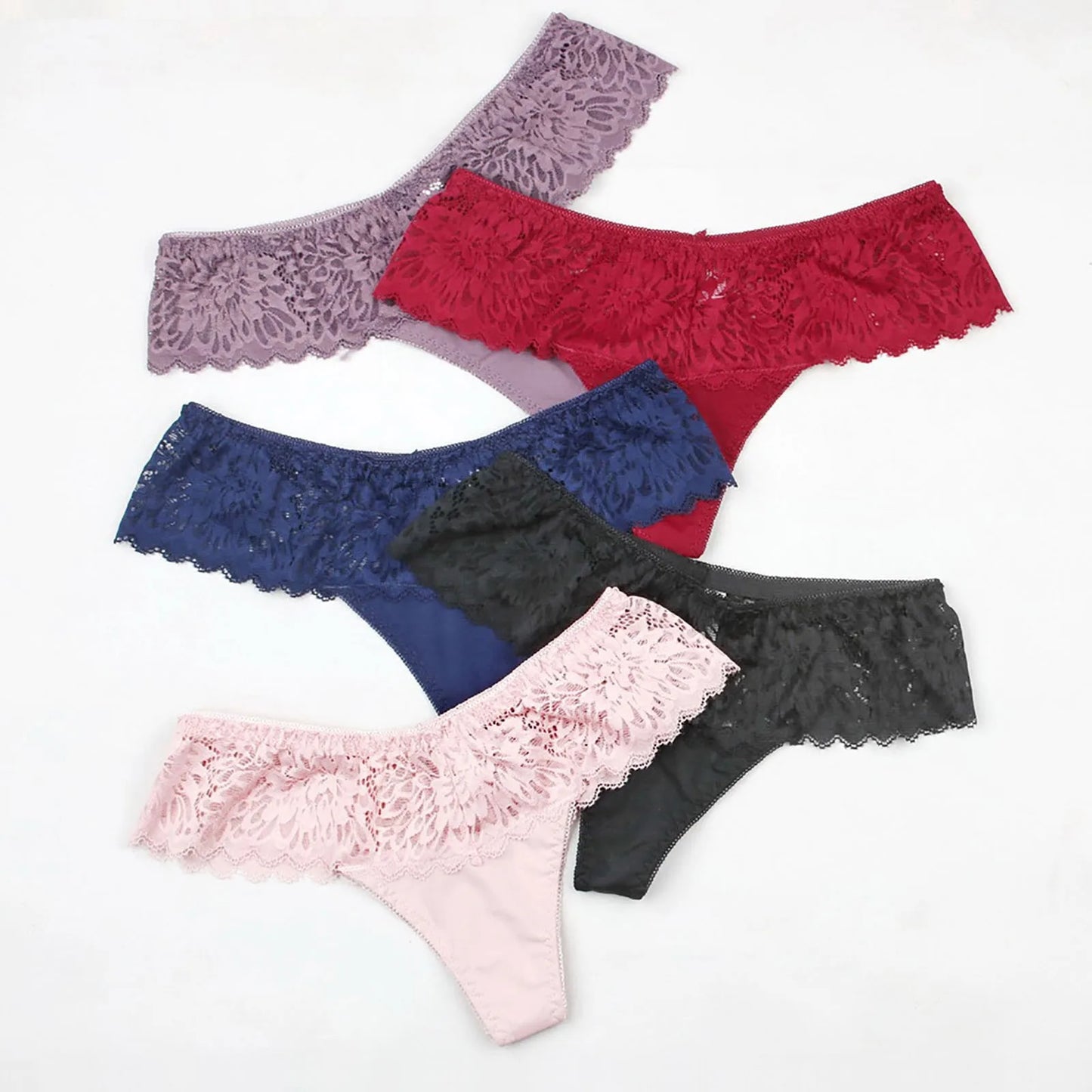 Conjunto de lingerie feminina renda com diferentes cores, incluindo rosa, vermelho e preto