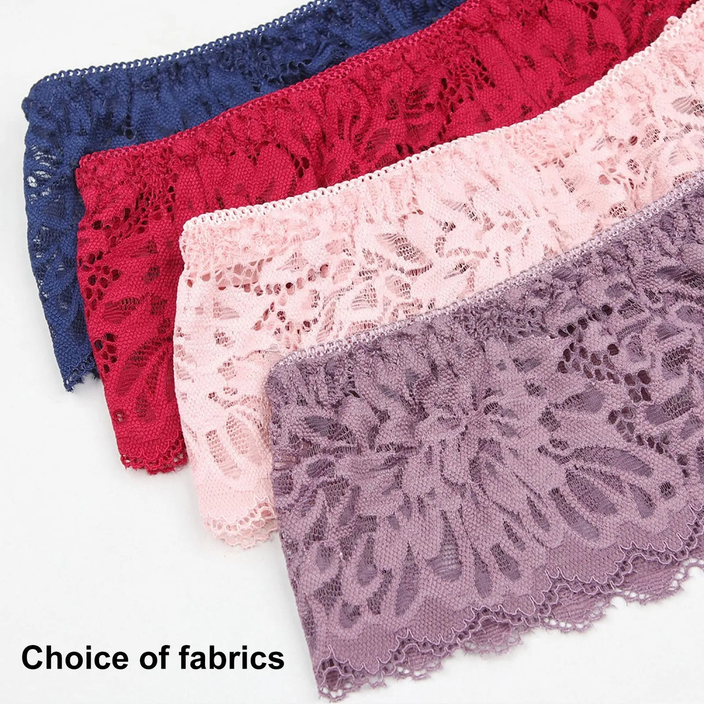 Variedade de tecidos de lingerie feminina renda em diferentes cores como rosa, vinho e roxo