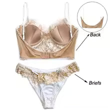 Sutiã de renda e calcinha feminina CINOON em tom nude com detalhes elegantes, lingerie feminina rendada