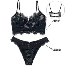 Sutiã de renda e calcinha feminina CINOON em preto com detalhes em renda, ideal para lingerie feminina rendada.