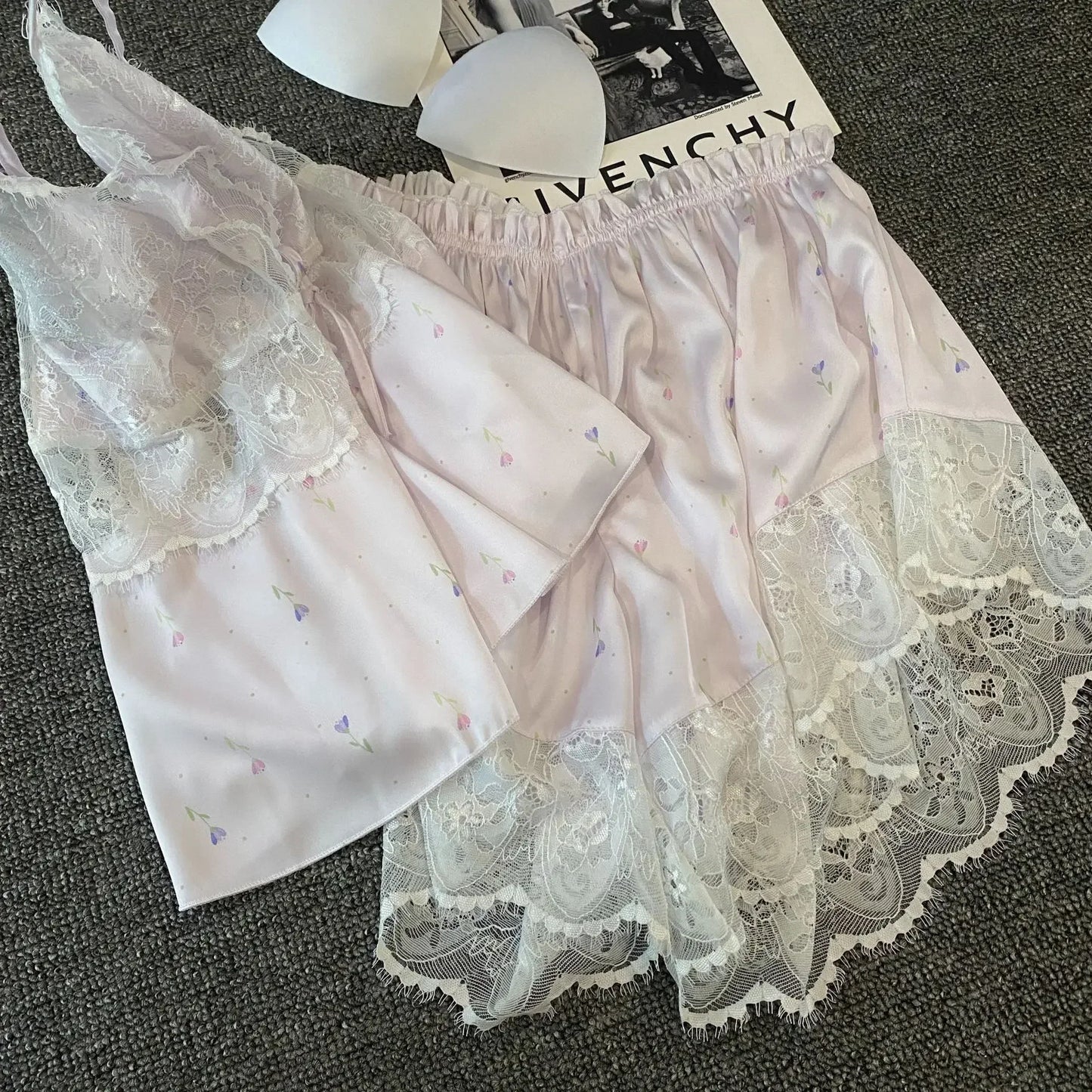 Conjunto de pijama feminino QIANTANG em cetim rosa com detalhes em renda, lingerie sexy de cetim