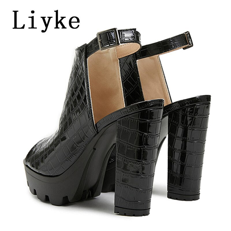 Sandálias feminina LIYKE em couro preto com salto alto e design moderno para o verão, sapatos verão preto feminino