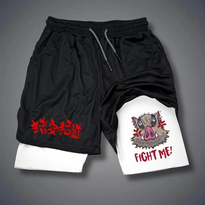 short fitness masculino com estampa LAMLKKY preto com forro branco estampa javali Fight Me cós elástico com cordão e bolsos