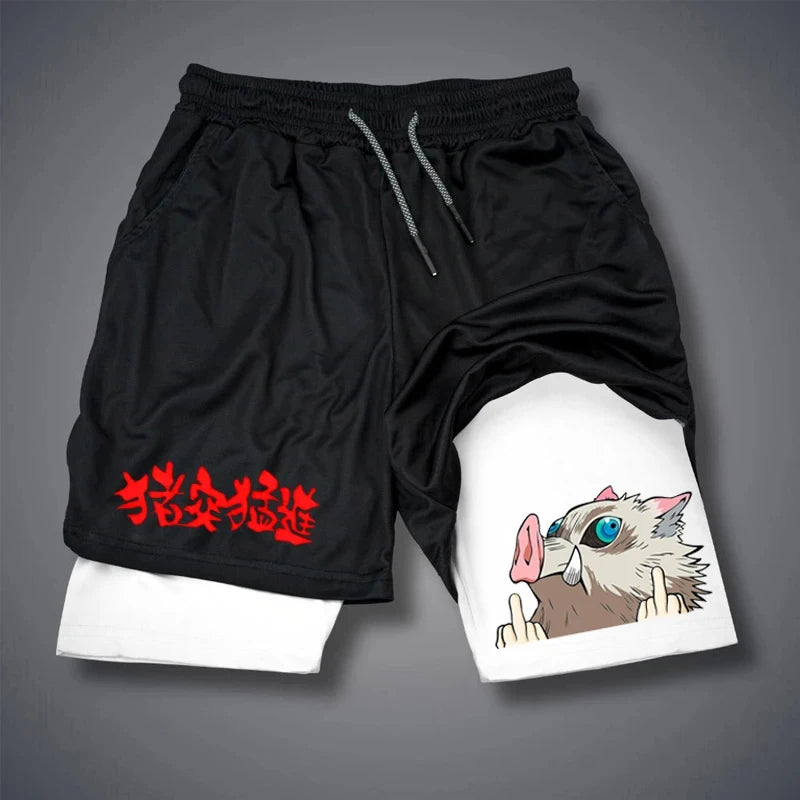 short fitness masculino com estampa LAMLKKY calções pretos com forro branco e estampa de javali estilo anime