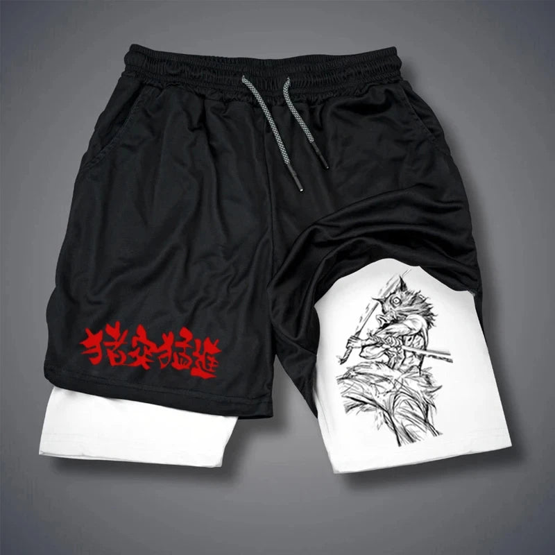 short fitness masculino com estampa LAMLKKY calções pretos com forro branco estampa samurai e símbolos vermelhos
