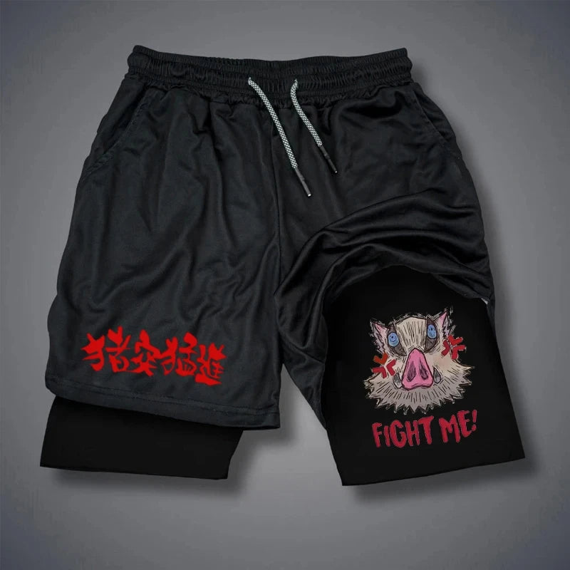 short fitness masculino com estampa LAMLKKY preto com cordao forro interno e estampa de javali com texto fight me