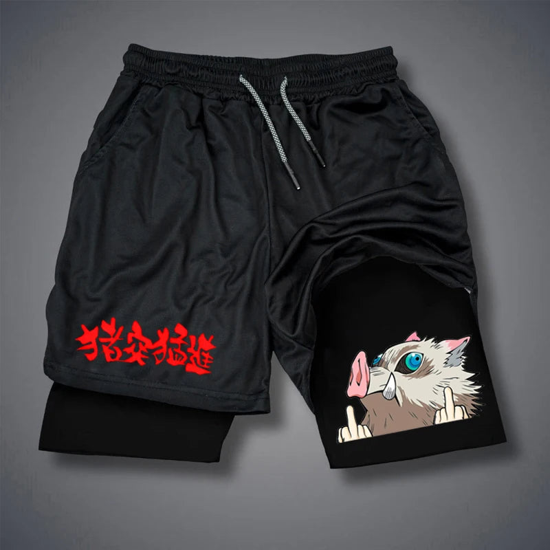 short fitness masculino com estampa LAMLKKY preto com cordão cinza forro interno e estampa de javali anime
