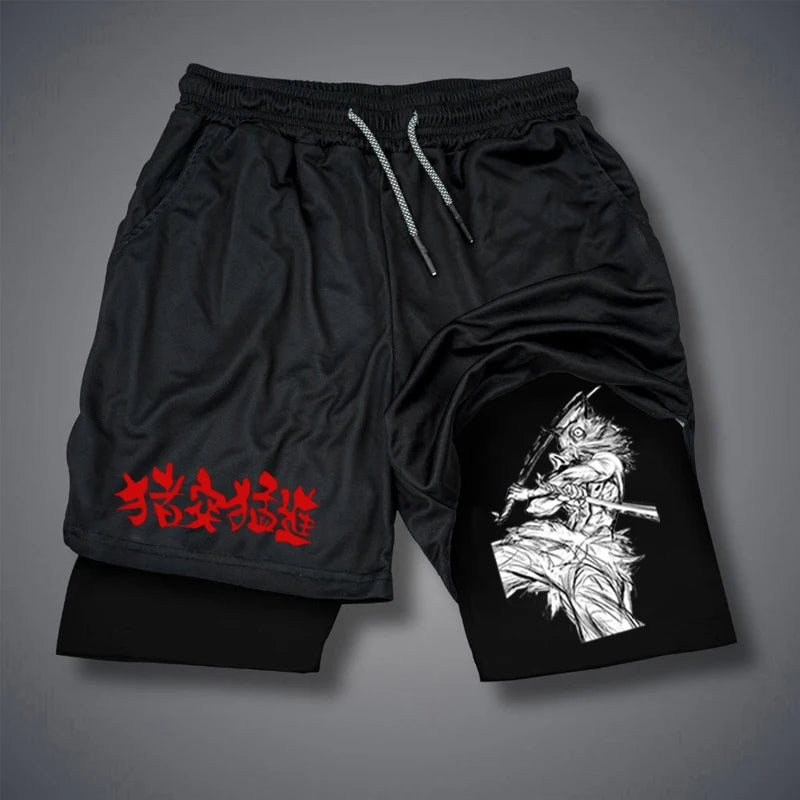 short fitness masculino com estampa LAMLKKY preto com forro justo e cós com cordão estampa samurai branca e detalhe vermelho