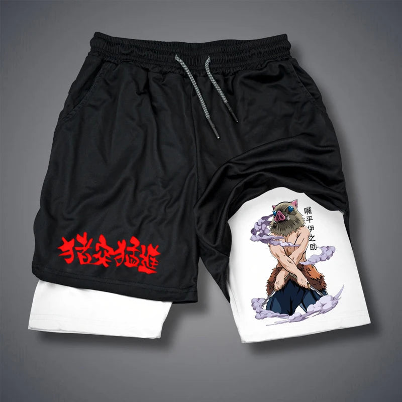LAMLKKY short fitness masculino com estampa dois tons preto e branco com ilustração anime de javali