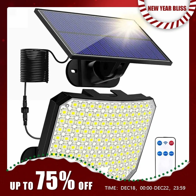 Luminária solar externa RXZOA com 118 LEDs, ideal para iluminação eficiente e sustentável