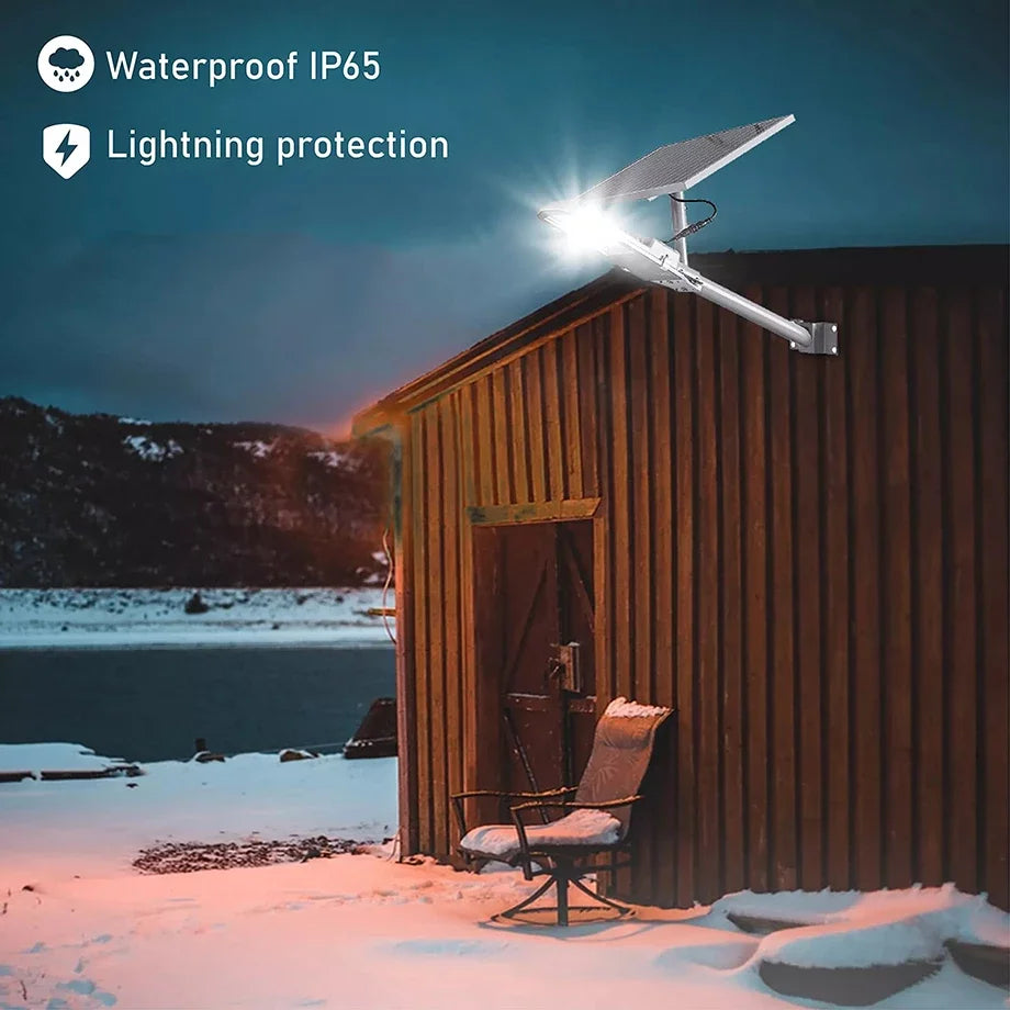 Luminária solar externa poderosa YQCHEZI montada em um edifício com proteção contra raios e resistência à água