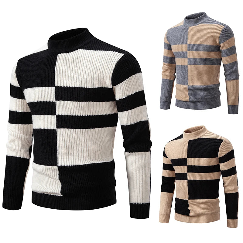 Casaco masculino de malha masculina inverno com design listrado em cores contrastantes
