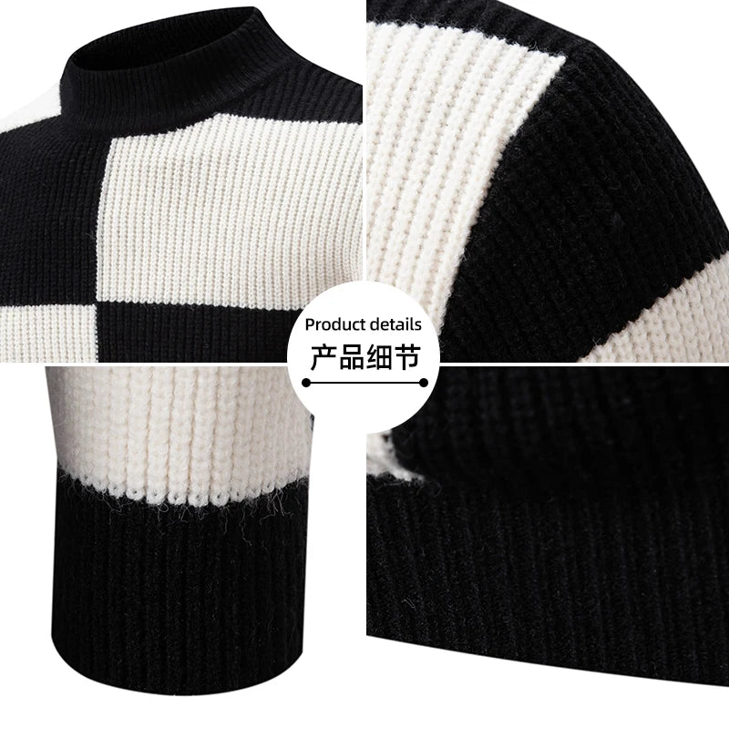 Casaco masculino em malha masculina inverno, com padrão em preto e branco e design moderno