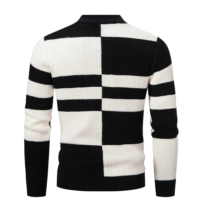 Casaco masculino em malha masculina inverno em preto e branco com padrão quadriculado