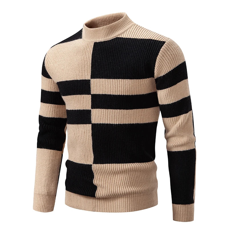 Casaco masculino em malha masculina inverno com design listrado em preto e bege para estilo contemporâneo