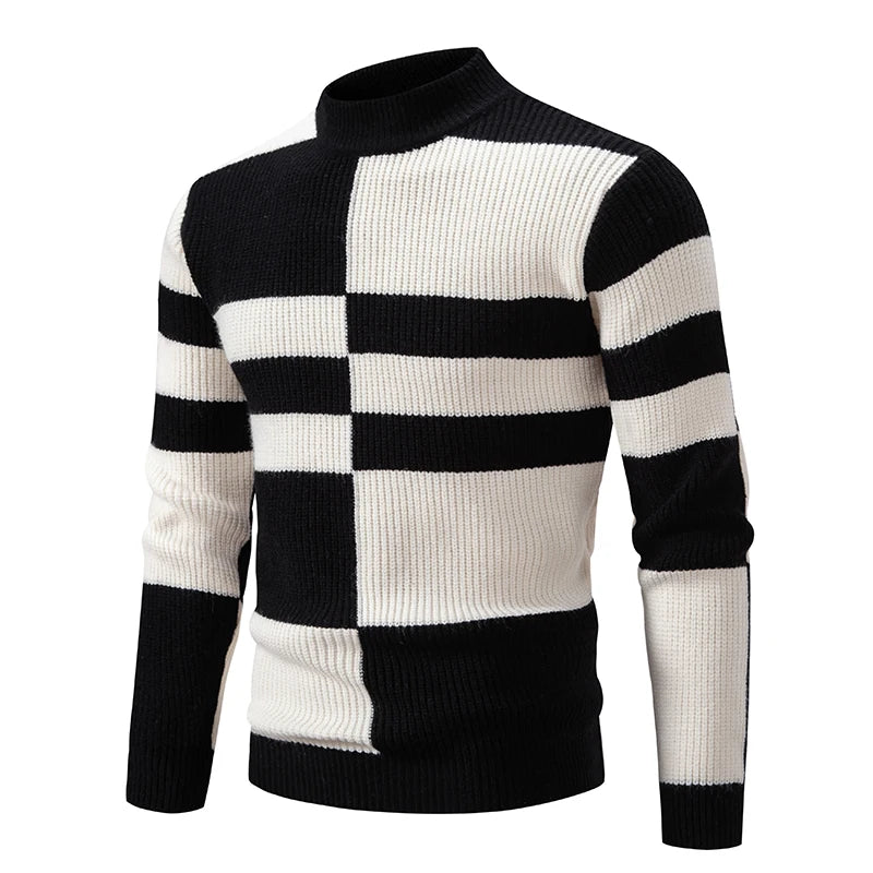Casaco masculino de malha masculina inverno com padrão em preto e branco, ideal para dias frios