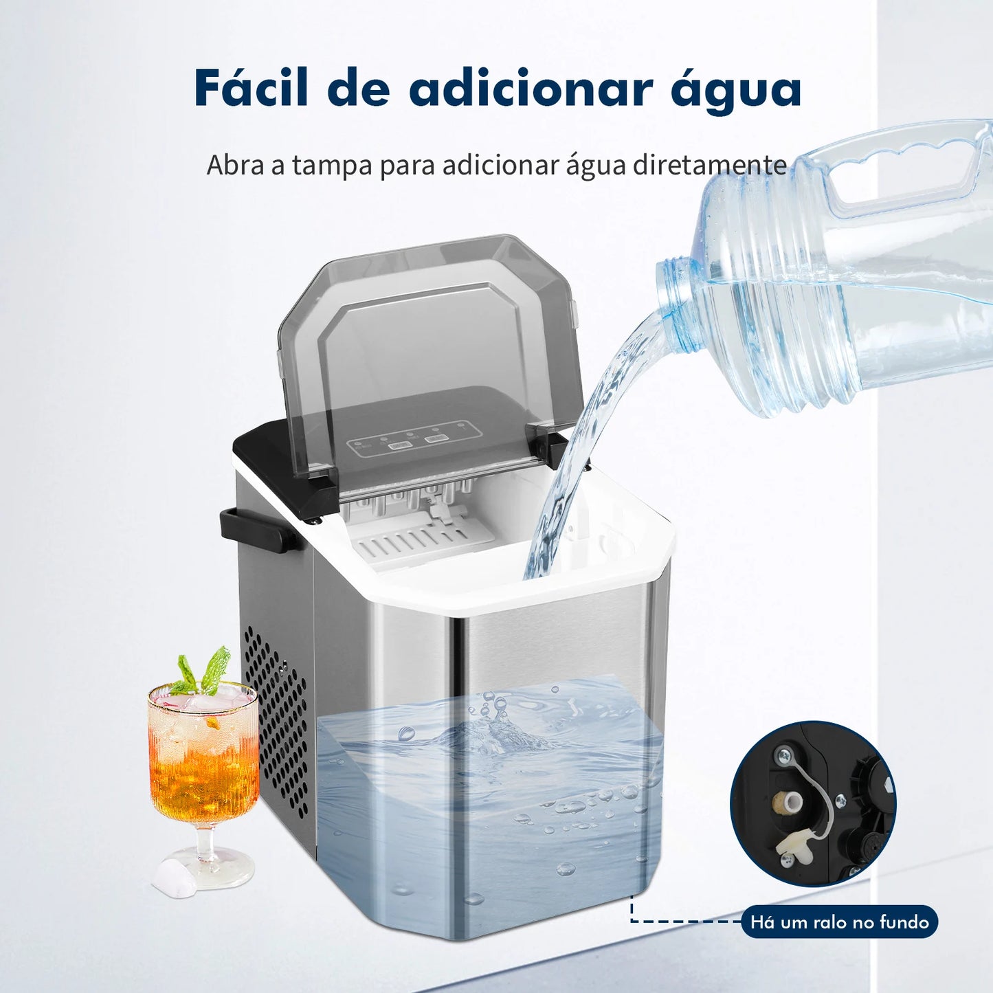 Máquina de gelo portátil com design prático, facilita a adição de água diretamente no compartimento
