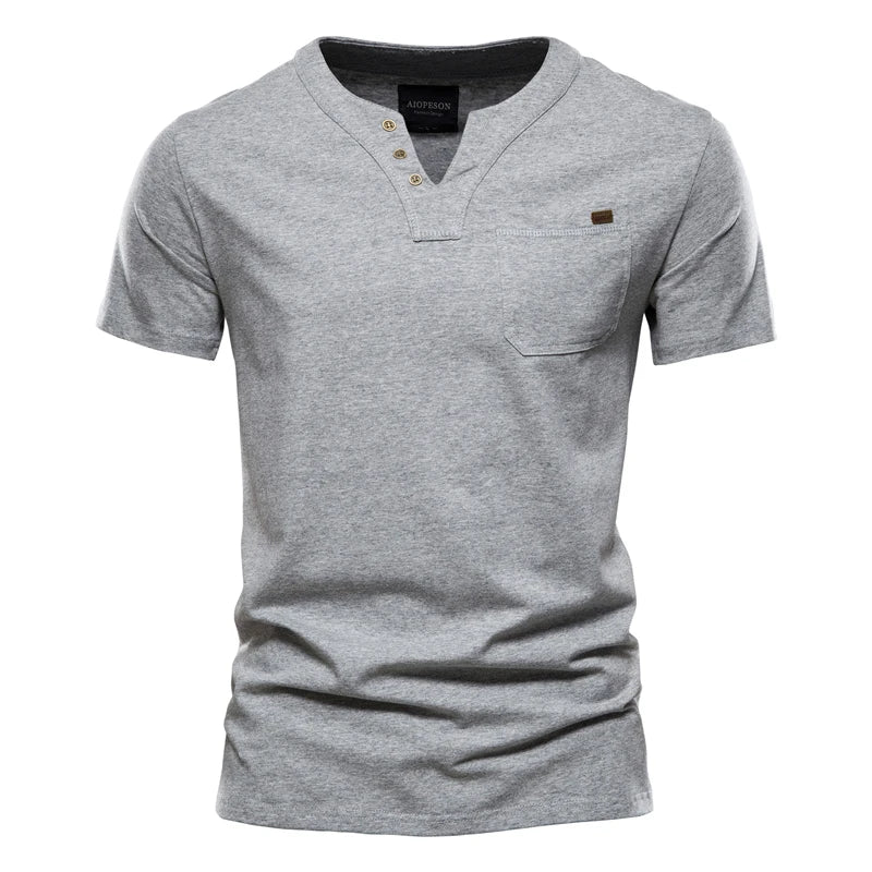 Camiseta casual masculina AIOPESON em cinza com design confortável e bolso frontal