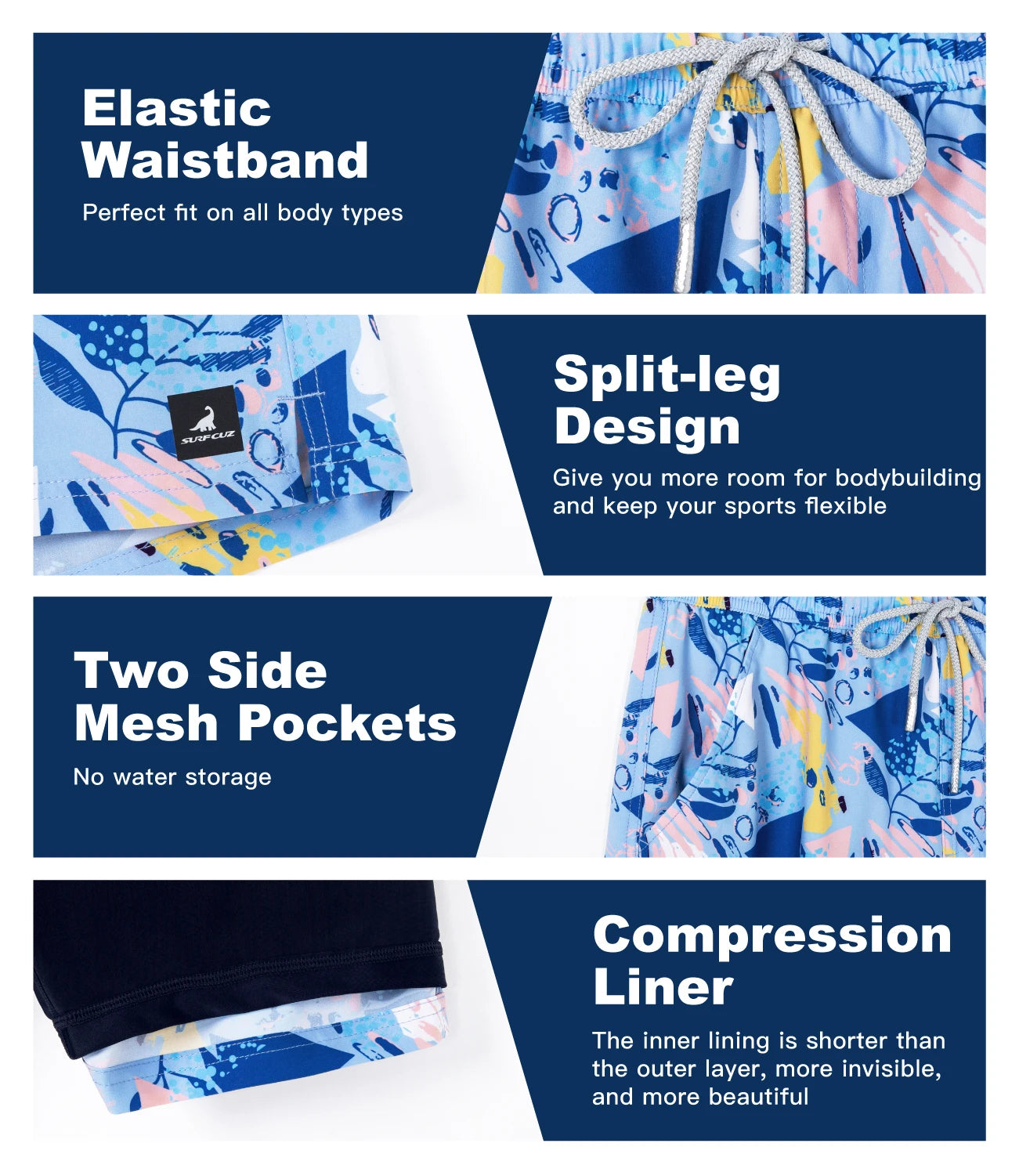 Shorts de banho masculino SURFCUZ com cintura elástica e design dividido para flexibilidade em atividades físicas