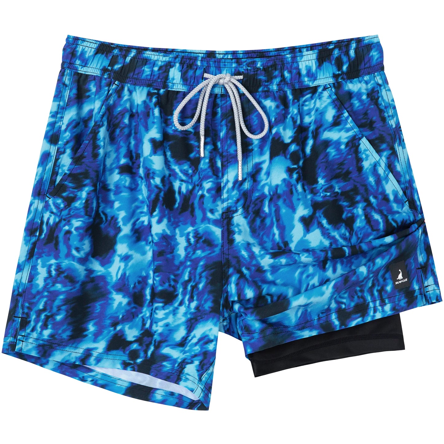 Shorts de banho masculino com forro em azul com estampas vibrantes e cordão de ajuste