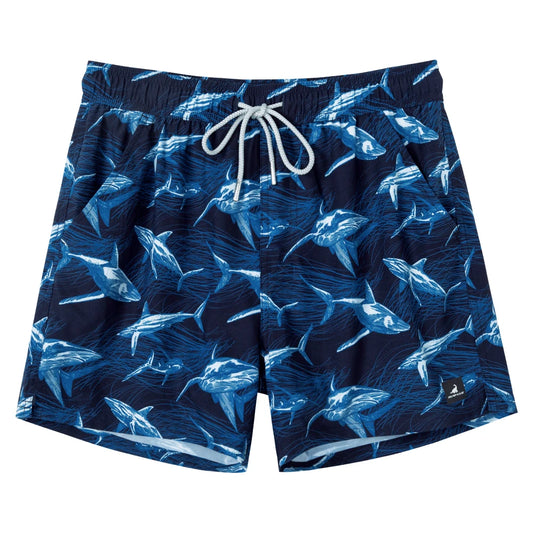 Shorts de banho masculino com forro da marca SURFCUZ em estampa de tubarões azuis.