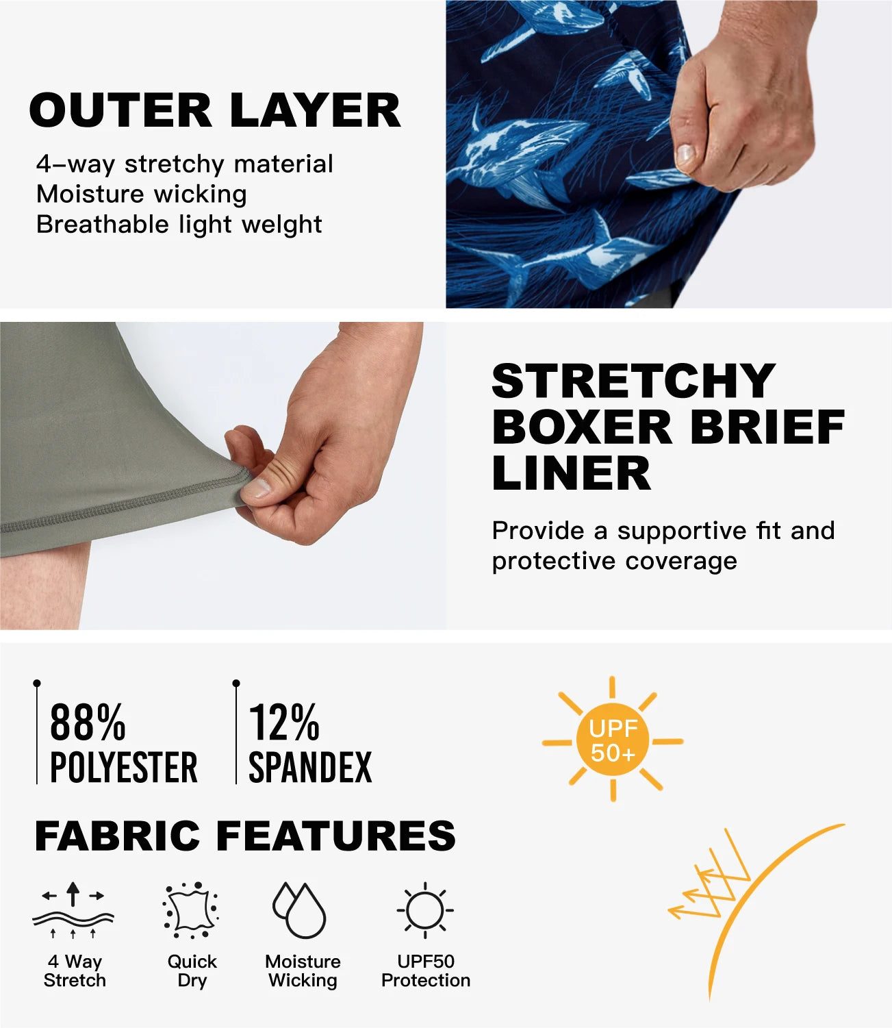Shorts de banho masculino com forro em material leve e respirável, ideal para conforto e proteção solar.