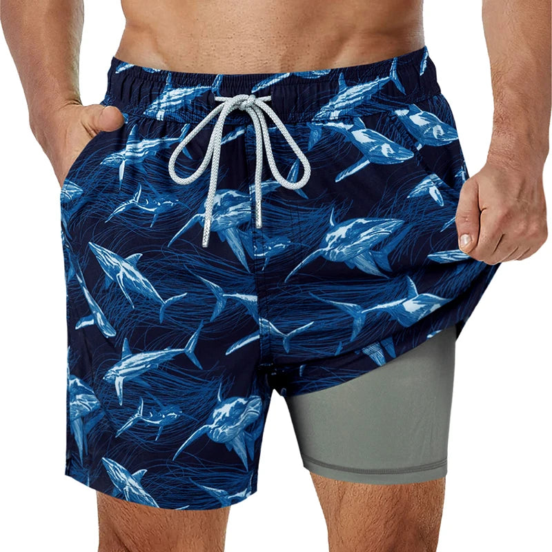 Shorts de banho masculino com forro SURFCUZ em estampa de tubarão azul com cordão ajustável